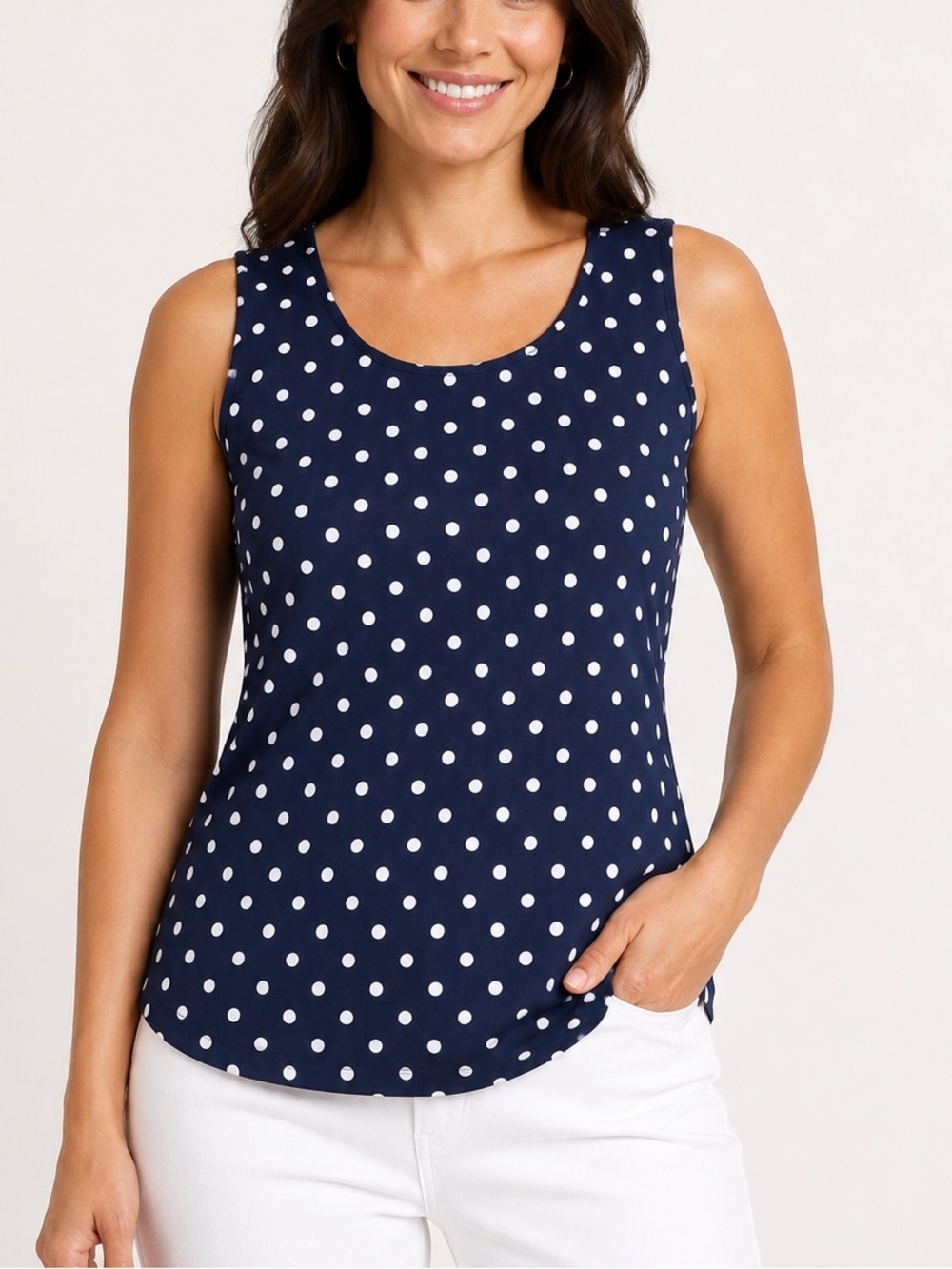 Chico’s Navy White Polka Dot Tank Top Womens 2 L Sleeveless Stretch Classic